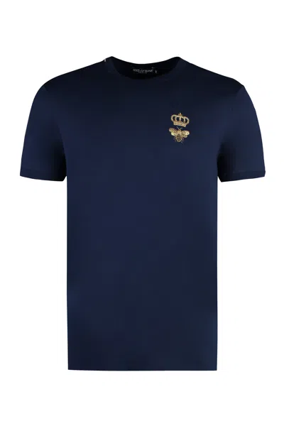 Dolce & Gabbana Navy Blue Embroidered Cotton T-shirt For Men