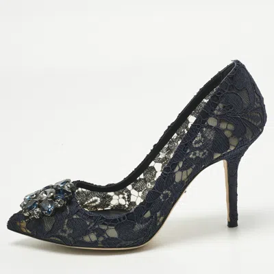 Pre-owned Dolce & Gabbana Navy Blue Lace Crystal Embellished Bellucci Pointed Toe Pumps Size 39