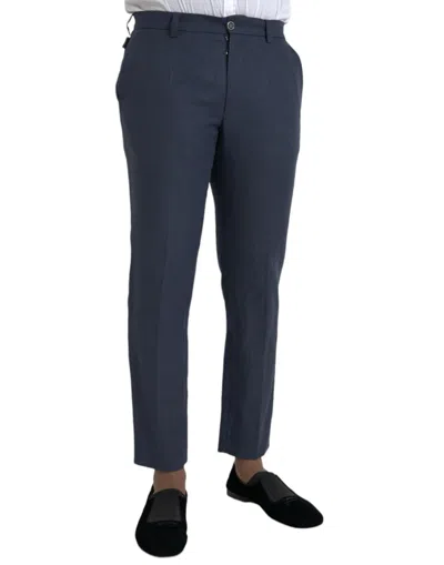 Dolce & Gabbana Navy Blue Linen Men Slim Dress Trousers