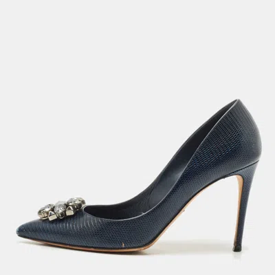 Pre-owned Dolce & Gabbana Navy Blue Lizard Embossed Leather Bellucci Pumps Size 41
