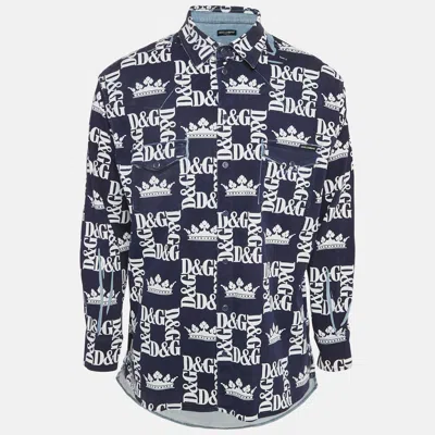 Pre-owned Dolce & Gabbana Navy Blue Logo Print Denim Button Front Shirt M