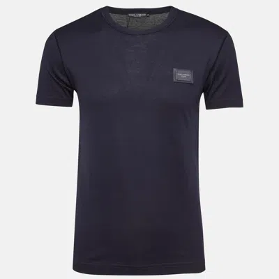Pre-owned Dolce & Gabbana Navy Blue Metal Logo Applique Jersey T-shirt Xs