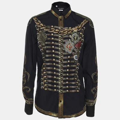 Pre-owned Dolce & Gabbana Navy Blue Printed Cotton Button Front Gold Shirt M