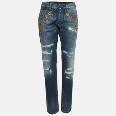 Pre-owned Dolce & Gabbana Navy Blue Ripped Denim Crystal Embellished Jeans L Waist 33"