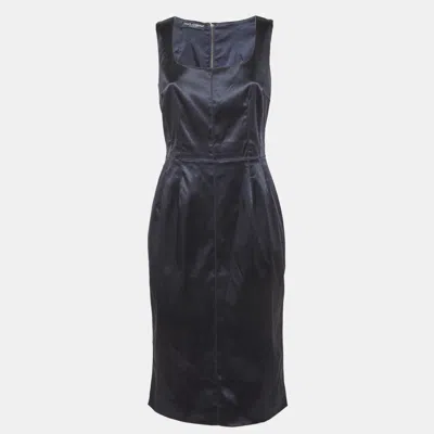 Pre-owned Dolce & Gabbana Navy Blue Satin Sheath Midi Dress M