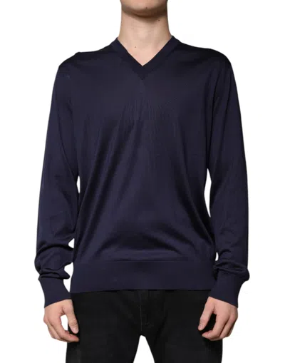 Pre-owned Dolce & Gabbana Navy Blue Silk V-neck Pullover Men's Sweater ()