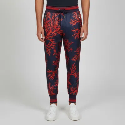 Pre-owned Dolce & Gabbana Navy Blue/red Corallo Print Satin Drawstring Joggers M