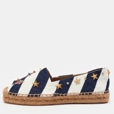 Pre-owned Dolce & Gabbana Navy Blue/white Striped Brocade Fabric Star Studded Espadrille Flats Size 35