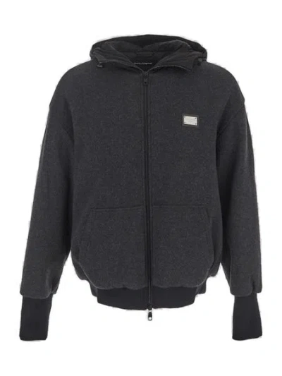 Dolce & Gabbana Navy Leather Logo Bomber In Black