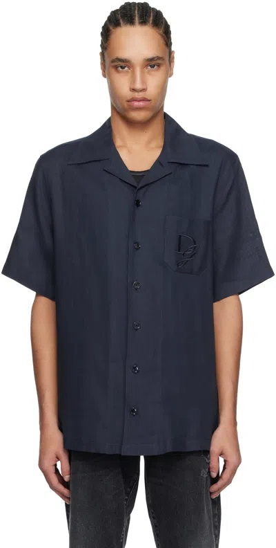 DOLCE & GABBANA NAVY LOGO EMBROIDERY LINEN SHIRT