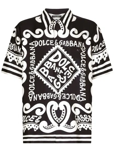 DOLCE & GABBANA NAVY SILK SHIRT WITH ALL-OVER LOGO PRINT AND CLASSIC COLLAR FOR MEN