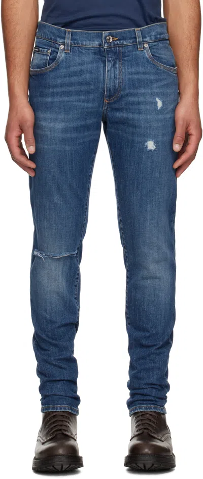 Dolce & Gabbana Navy Slim-fit Stretch Cotton Logo Embroidery Jeans In Variante Abbinata