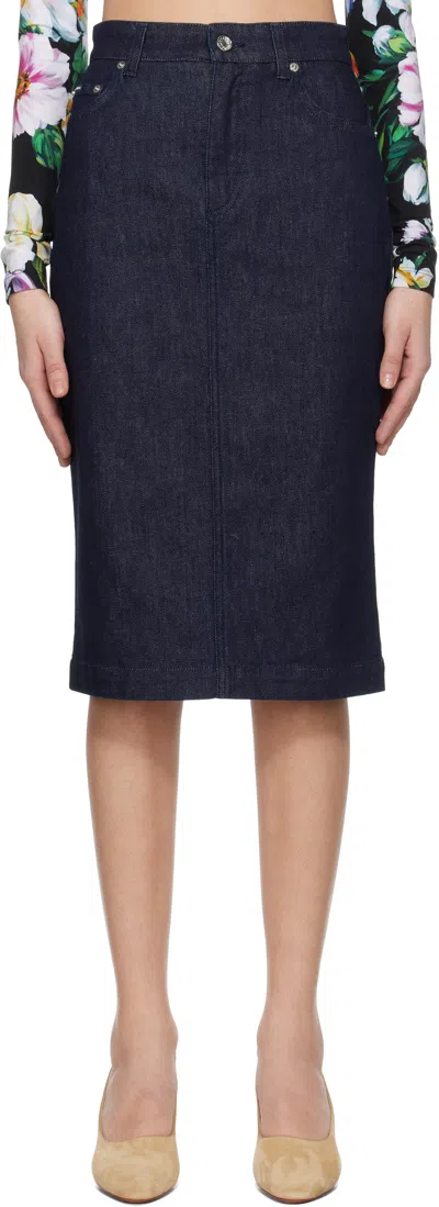 Dolce & Gabbana Navy Stretch Five Pocket Pencil Denim Midi Skirt In Blue