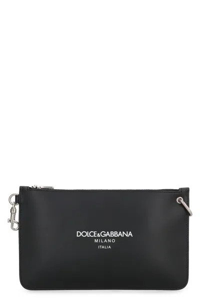 Dolce & Gabbana Necessaire Leather Flat Pouch In Black
