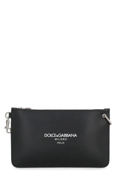 Dolce & Gabbana Necessaire Leather Flat Pouch In Black