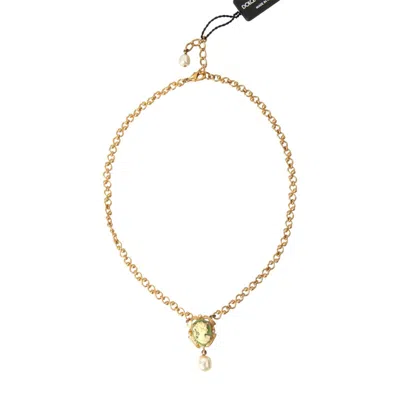 Pre-owned Dolce & Gabbana Necklace Gold Brass Chain Pearl Pendant Charm Womens Rrp 840usd In Green