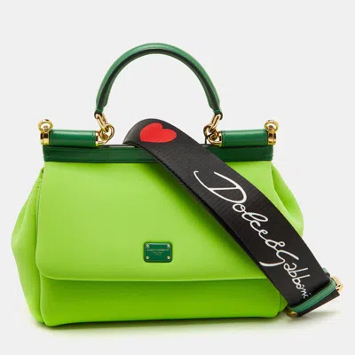 Pre-owned Dolce & Gabbana Neon Green Neoprene And Leather Small Miss Sicily Top Handle Bag