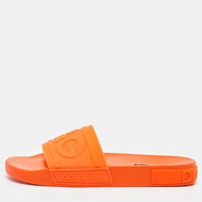 Pre-owned Dolce & Gabbana Neon Orange Rubber Logo Flat Slides Size 42