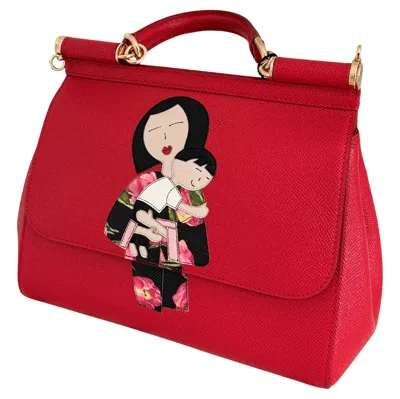 Pre-owned Dolce & Gabbana New  Family Print Sicily Red Leather Tote Shoulder Structured Bag