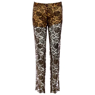 Pre-owned Dolce & Gabbana New  Gold-coated Semi Sheer Lace & Silk Pants Trousers 40 In Black