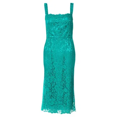Pre-owned Dolce & Gabbana New  Turquoise Aqua Lace Crystal Floral Buttons Shift Dress 40 In Blue