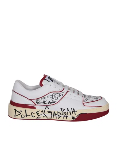 DOLCE & GABBANA DOLCE & GABBANA NEW ROMA ALLOVER GRAFFITI SNEAKERS IN WHITE WITH RED ACCENTS