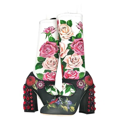 Pre-owned Dolce & Gabbana Nib  Crystal Embellished Floral Maryjane Sock Boots 37 In Sand