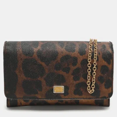 Pre-owned Dolce & Gabbana Nina Brown/black Leopard Print Coated Canvas Chain Clutch