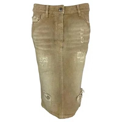 Pre-owned Dolce & Gabbana Nwt Early 2000s  Distressed Tan Denim Mid-length Skirt 38it In Brown