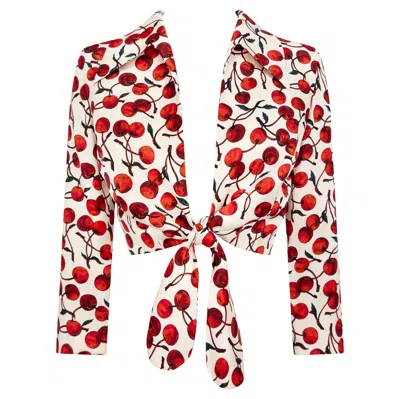 Pre-owned Dolce & Gabbana Nwt F/w 1996  White Satin Cherry Print Tie Front Cropped Jacket