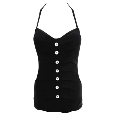 Pre-owned Dolce & Gabbana Nwt S/s 1996  Black Pleated Logo Button One-piece Swimsuit 44it