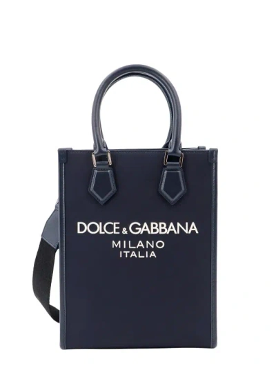 Dolce & Gabbana Nylon And Leather Handbag With Embossed Logo In Blue