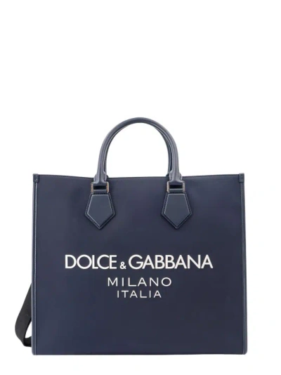 Dolce & Gabbana Nylon And Leather Handbag With Frontal Logo Print In Blue