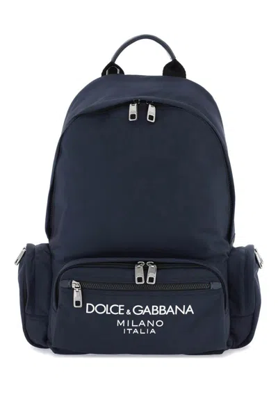Dolce & Gabbana Nylon Backpack With Logo In Blu