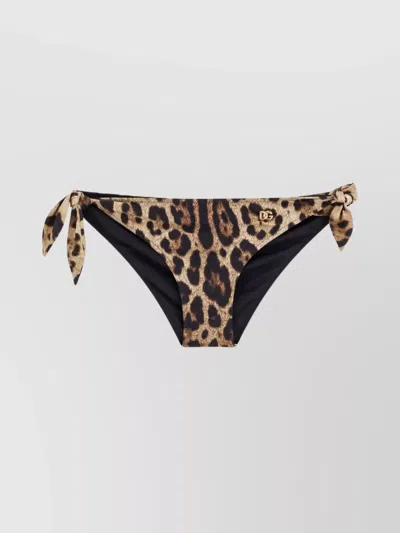 Dolce & Gabbana Nylon Bikini Slip With Metal Logo Detail In Brown