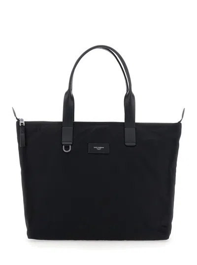 DOLCE & GABBANA BLACK TOTE BAG WITH TWO TOP HANDLES AND LOGO PLAQUE ON THE FRONT IN TECH FABRIC MAN
