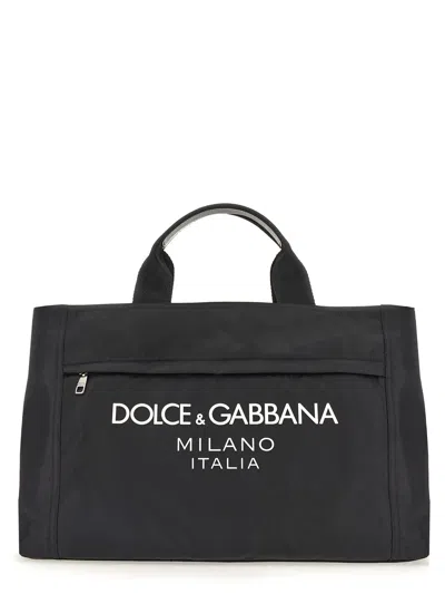 Dolce & Gabbana Black Gym Bag With Contrasting Logo Print In Polyamide Man