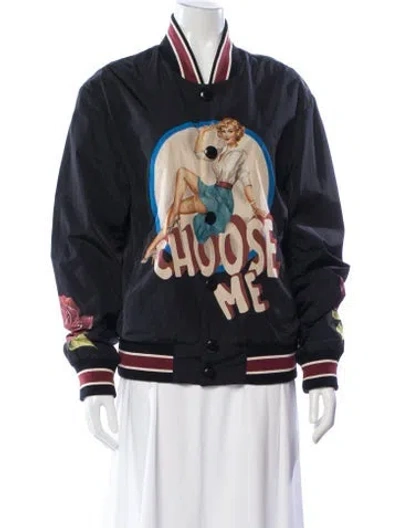 Pre-owned Dolce & Gabbana Nylon Graphic Print Bomber Jacket In Black