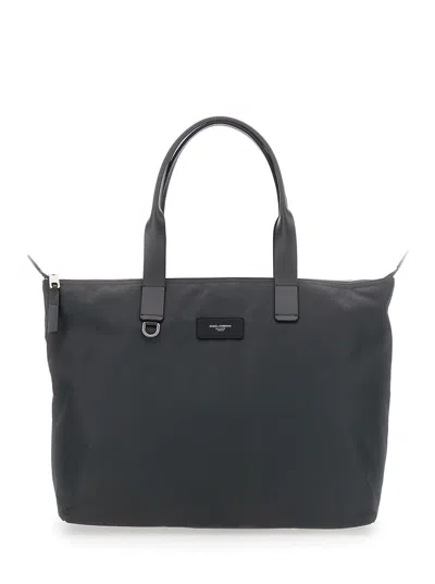 DOLCE & GABBANA GREY TOTE BAG WITH TWO TOP HANDLES AND LOGO PLAQUE ON THE FRONT IN TECH FABRIC MAN