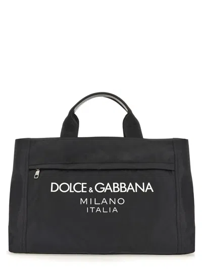 Dolce & Gabbana Nylon Holdall With Rubberized Logo In Black