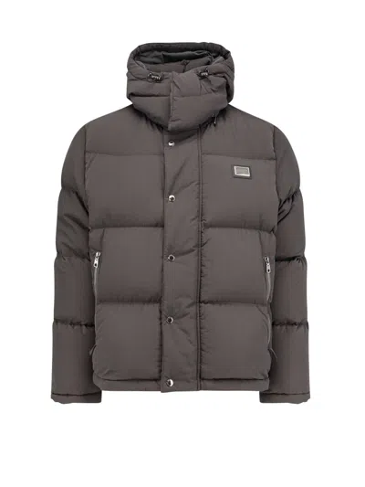 Dolce & Gabbana Nylon Hooded Down Jacket In Brown