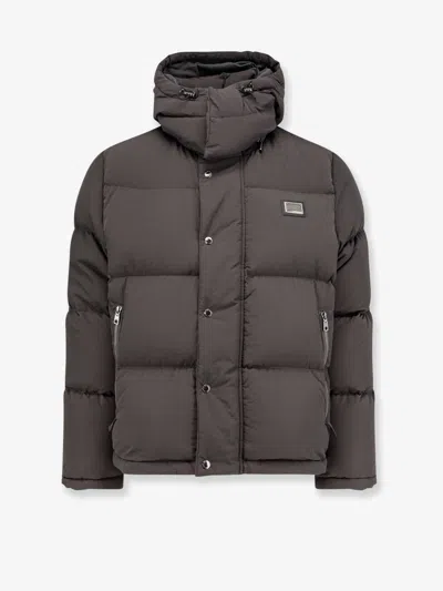 Dolce & Gabbana Nylon Hooded Down Jacket In Gray