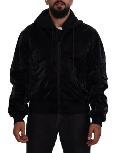 Dolce & Gabbana Nylon Hooded Full-zip Bomber Jacket In Black