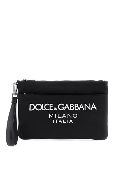 Dolce & Gabbana Nylon Pouch With Rubberized Logo In Nero