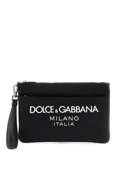 Dolce & Gabbana Nylon Pouch With Rubberized Logo In Nero/nero