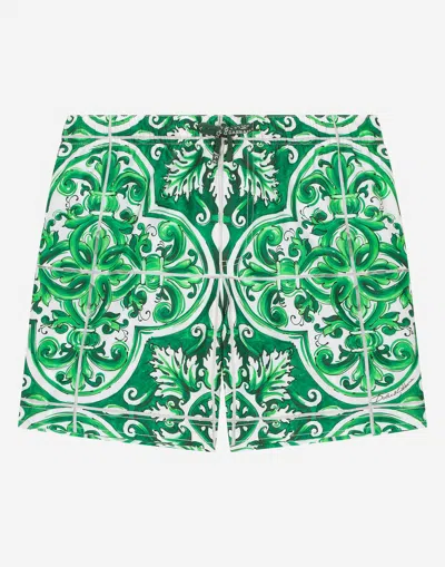 DOLCE & GABBANA NYLON SWIM TRUNKS WITH GREEN MAJOLICA PRINT