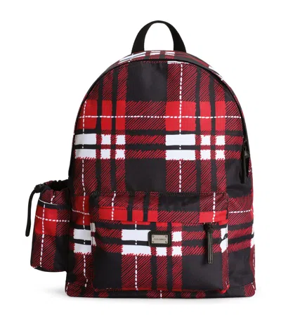 Dolce & Gabbana Kids' Nylon Tartan Print Backpack In Red