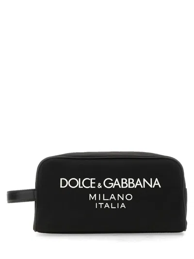 Dolce & Gabbana Nylon Toiletry Bag With Rubberized Logo In Black