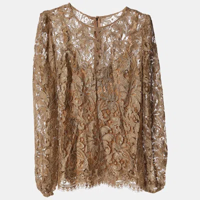 Pre-owned Dolce & Gabbana Ochre Lace Long Sleeve Blouse S In Gold