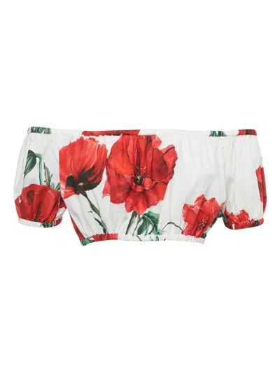 Pre-owned Dolce & Gabbana Off-shoulder Floral Print Top In White